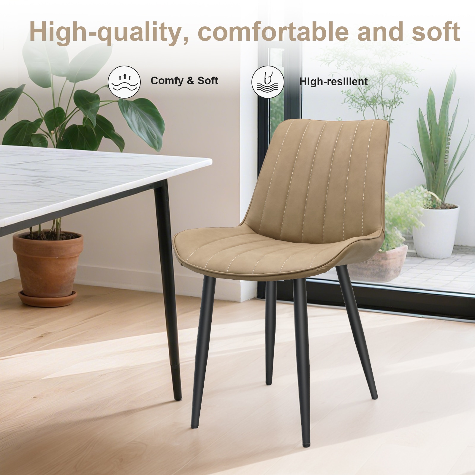 Khaki PU Leather Dining Chair With Metal Legs, Wave Pattern Upholstered Armless Chair Set Of 4 For Kitchen, Restaurant, Living, Meeting Room_voghion.com